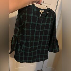 Entro Zip Plaid Top with Ruffle Sleeves